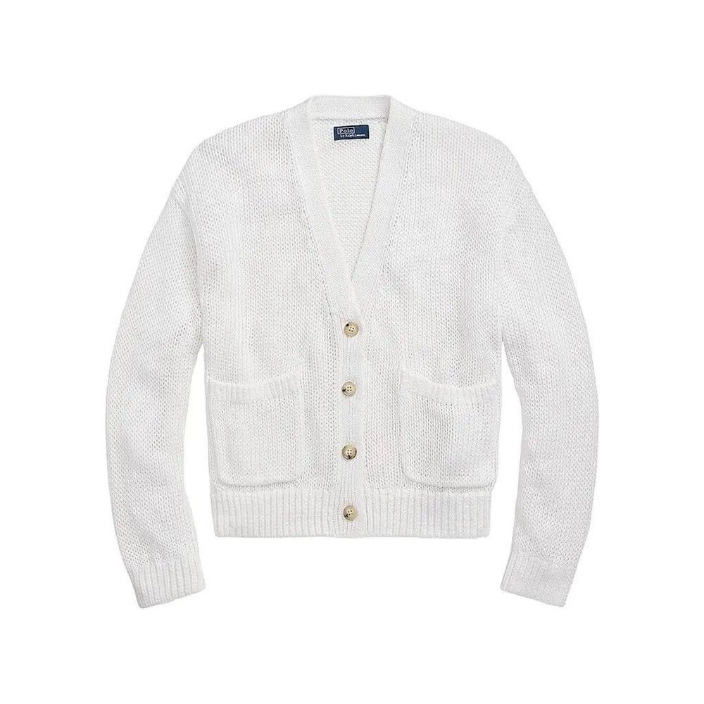 Polo Ralph Lauren Women’s Linen-Cotton V-Neck White Cardigan Sz Medium NWT